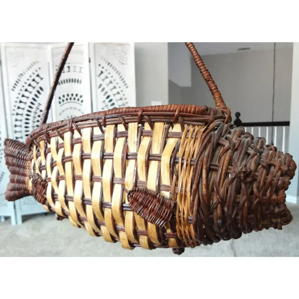 Vintage Mid Century 60s Woven Rattan Wicker FISH Basket Artisan Handcrafted Boho